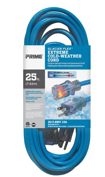 25ft 16/3 SJTW -50°C Glacier Flex Extreme Cold Weather Extension Cord