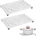 Sumnacon 2 Pack Rectangle Cast Iron Trivets, Rustic Iron Hot Dish Plate Trivet for Kitchen Countertop Dining Table (White, 9.6 x 6.3 Inch)