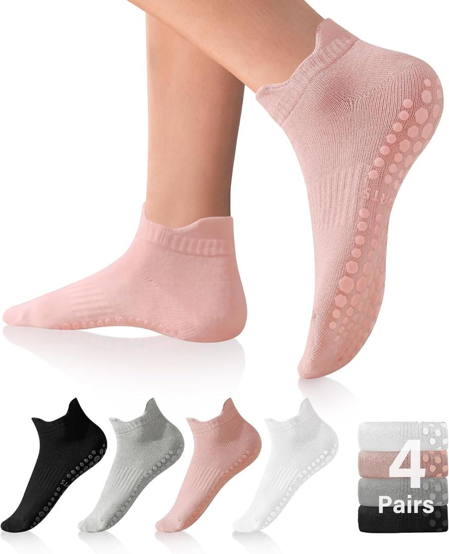 DIBAOLONG Pilates Socks with Grips for Women, Grip Socks Non Slip Yoga Socks for Barre Hospital Grippy Socks 4 Pairs (8-10, 1black+1grey+1pink+1white)