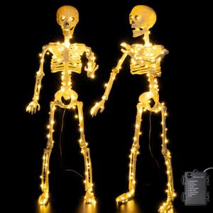 2 Pack 39.3 Inches 150 LED Light Up Skeleton Full Body, Posable & Movable Jonints Halloween Skeleton Decor, Battery Powered & Well Made Plastic Skeletons with Light Up Eyes