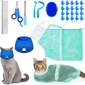 9 Pcs Cat Bathing Bag Set Cat Shower Bag Anti Bite and Scratch for Pet Grooming Washing Brush Comb Muzzle Nail Clipper Nail File Tick Tool(Blue, Turquoise)