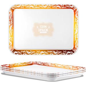 3 Pack Thanksgiving Day Fall Serving Tray 12x8.7 Inch Turkey Serving Platter for Entertainment Large Reusable Dessert Trays Imitation Porcelain Design for Home Party