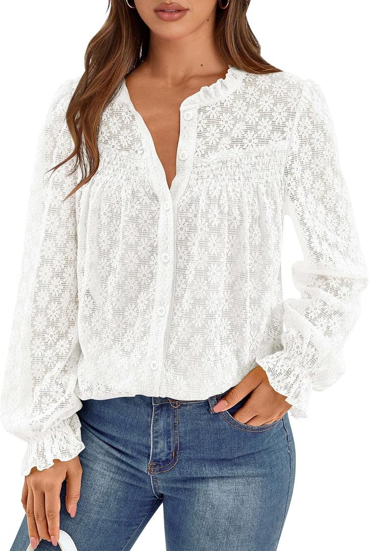 PRETTYGARDEN Lace Long Sleeve Shirts Casual Button Down Going Out Tops Hollow Out Eyelet Blouses 2026 Spring Fashion Clothing(White,Medium) (M)