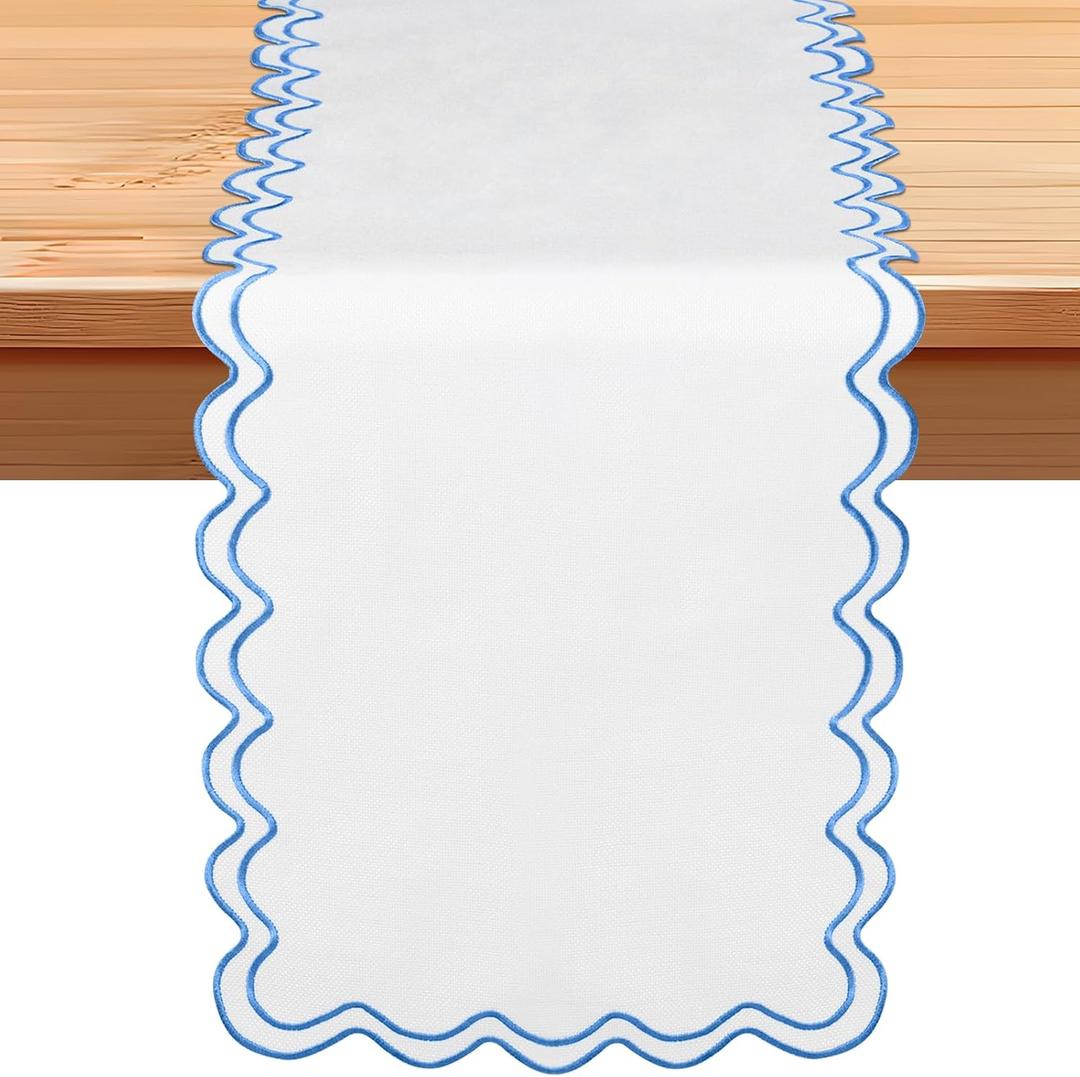 72 Inches Scalloped Edge Table Runner, Double Linen Fabric Table Runner Outdoor, Rustic Dining Decor for House Kitchen Coffee(Pure White, Sky Blue)