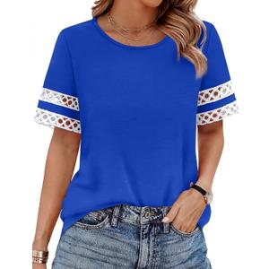 XIEERDUO Women Blouses Dressy Casual Summer Tops Color Block Short Sleeve Shirts Fashion Business Casual Outfits (Blue, S)