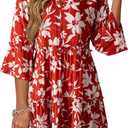 Dokotoo Summer Dresses for Women 2026 Casual V Neck Babydoll Dress 3/4 Bell Sleeve Beach Vacation Mini Dress X-Large, Red