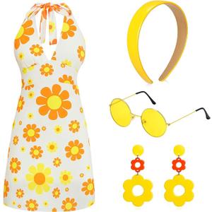SATINIOR 4 Pcs 60s 70s Women's Hippie Costume Retro Disco Outfit Groovy Earring Headband Dress Sunglasses for Halloween Party XL 