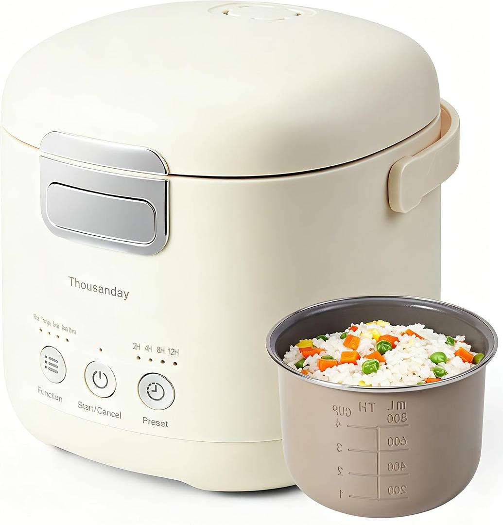 Mini Rice Cooker, Small Rice Cooker 2 Cup Uncooked(4 Cup Cooked), Portable Non-stick Electric Rice Maker, for Dorm Travel Office 1-2 Person, 12 Hours Timer Delay & Keep Warm, Beige