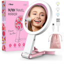 LitBear Travel Makeup Mirror with Lights, Rechargeable Double-Sided 10X/1X Magnifying Mirror, Portable Lighted Beauty Mirror, 3 Color Lighting, Dimmable Touch Screen, Tabletop Handhold Hanging (White)