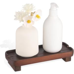 Wood Riser Small Decorative Tray Sink Soap Dish, Vanity Tray Pedestal Stand 8.7 x 3.6 inches (Dark Brown)