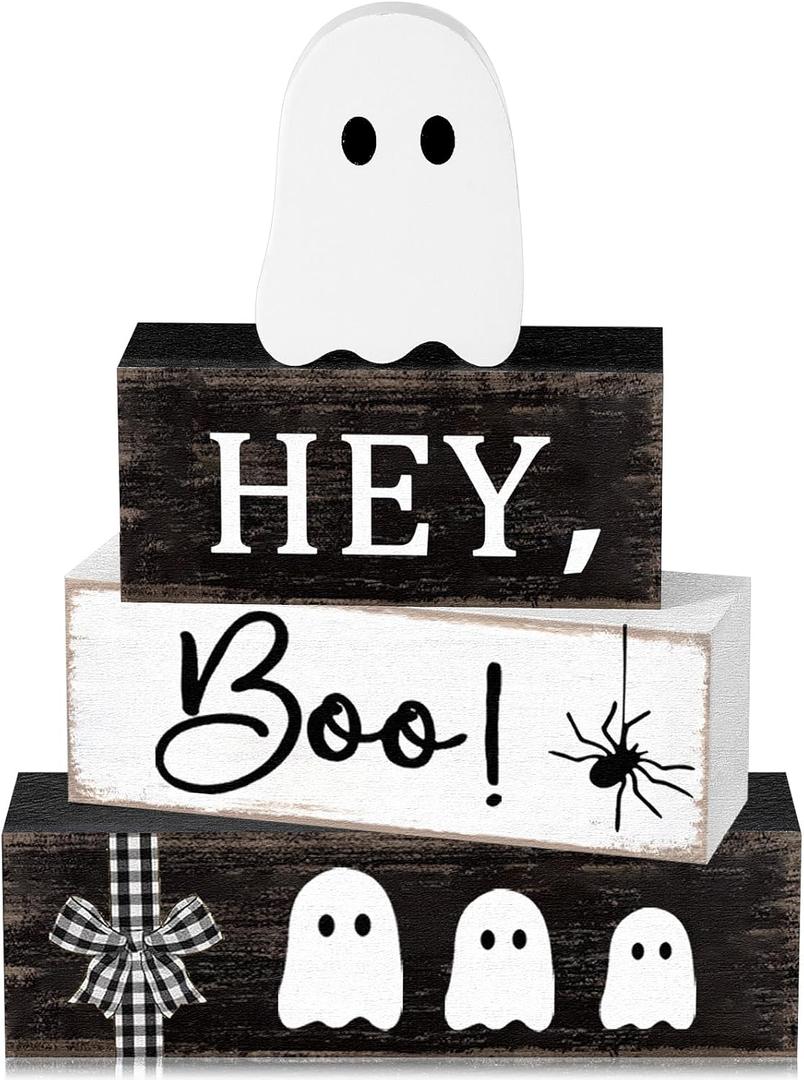 4 Pcs Halloween Table Decorations Ghost Tiered Tray Decor Farmhouse Ghost Tabletop Centerpiece Rustic Wooden Block Sign Gift Halloween Decor for Home Office Mantel Kitchen Shelf