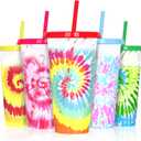 24 oz Color Changing Cups with Lids and Straws, 5 Pack Reusable Plastic Tumblers for Iced Coffee, BPA-Free Tie Dye Cold Cups, Sturdy Drinking Cups with Cleaning Brush Set