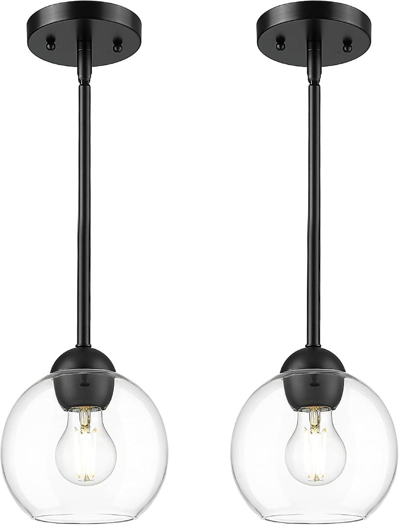 Emak 7 Inch Globe Pendant Light, Matte Black Pendant Light Fixtures with Clear Glass, 1-Light Hanging Lights for Kitchen, Bathroom, Bedroom, Hallway, 2 Pack, PL119-BK-2PK