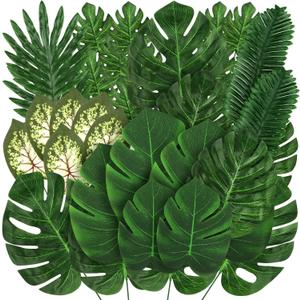 Jungle Party Decorations, 78 Pieces 8 Kinds Artificial Palm Leaves Green Tropical Leaves with Stems Jungle Leaves Decorations Palm for Hawaiian Luau Party Jungle Beach Table