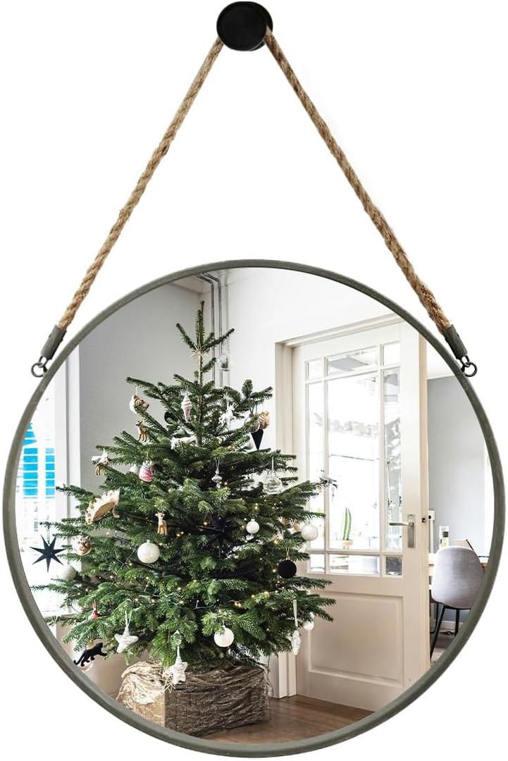 POZINO Round Mirror, Rope Hanging Mirror, 15 Inch Farmhouse Circle Wall Mirror for Bathroom Bedroom Living Room Entryway Home Decor, Grey POZINO Round Mirror, Rope Hanging Mirror, 15 Inch Farmhouse Circle Wall Mirror for Bathroom Bedroom Living Room Entryway Home Decor, Grey