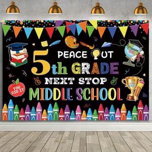 MEHOFOND 7x5ft 5TH Grade Graduation Backdrop Peace Out 5TH Grade Next Stop Middle School Decorations Banner Large Size Congrats 5TH Grade Graduation Party Photography Background Photo Booth Props (Colourful-2)