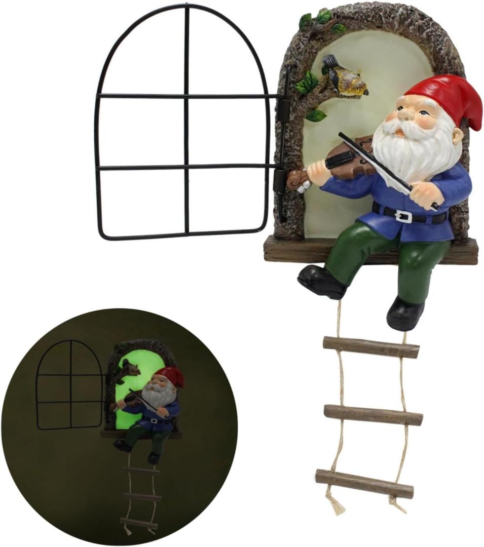 Garden Gnome Window Statue for Trees and Wall, Dwarf Playing Violin Luminous Fairy Garden Miniature Accessories, Glow in The Dark Art Sculpture, Tree Faces Gnomes Decorations Outdoor