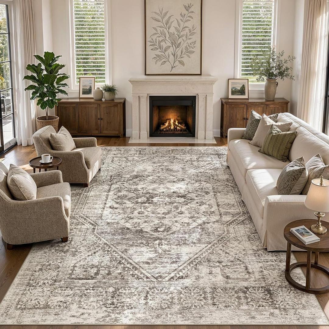 9x12 Area Rug for Living Room, Washable, Traditional, Distressed Brown
