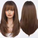 HAIRCUBE Dark Brown Synthetic Women's Wig Layered Wigs with Bangs Middle length Straight and Heat Resistant