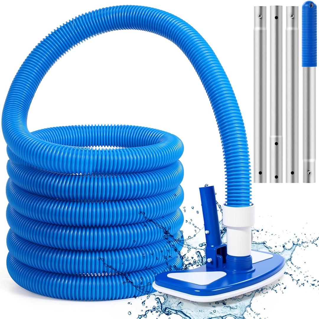 3 Pcs Pool Vacuum Kits Include 11.8" Vacuum Head with 47" Adjustable Pole with 1-1/2" x 18ft Long Hoses Flexible Head with Wheels for Above Ground Inground Pond Spa Hot Tub