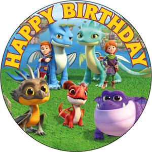 7.5 Inch Dragons Rescue Riders Cake Topper  Round Edible Birthday Cake Decorations, Happy Birthday Cake