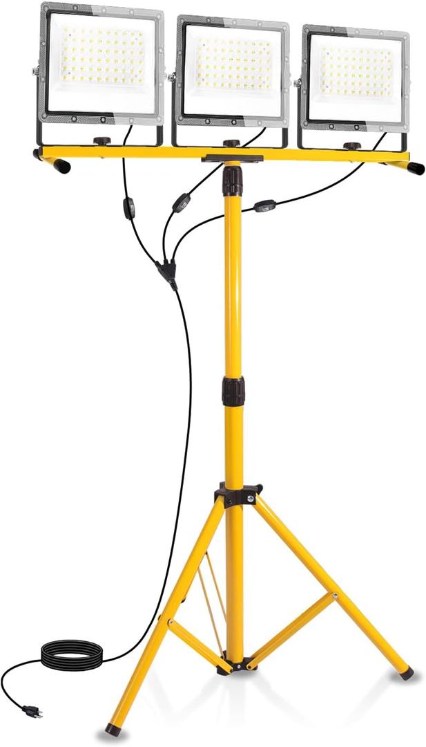 30000Lumen LED Work Lights with Stand - 3 Head Portable Work Light with IP65 Waterproof, Adjustable Stand, 16ft Cord for Construction Sites, Garage, Warehouse Lighting - Indoor Outdoor