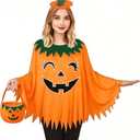 Santoy Halloween Pumpkin Costume for Women  Glow in the Dark Poncho, Headband, and Treat Bag,Fun & Easy One-Size Outfit with Accessories for Party or Trick-or-Treating