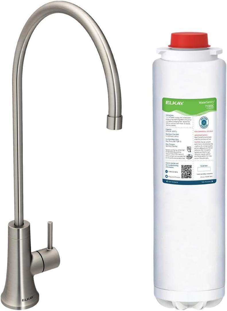 Elkay Avado Filtered Drinking Water Kitchen Beverage Faucet for Home w/71300C PFAS + Lead + Microplastics NSF/ANSI Certified Filter Lustrous Steel