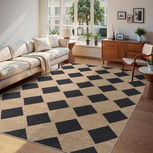 Checkered Easy Jute Rug 8x10 Outdoor Entryway Rug Washable Area Rugs for Living Room Bedroom Non Slip Neutral Farmhouse Indoor Outdoor Carpet for Backyard Patio Office