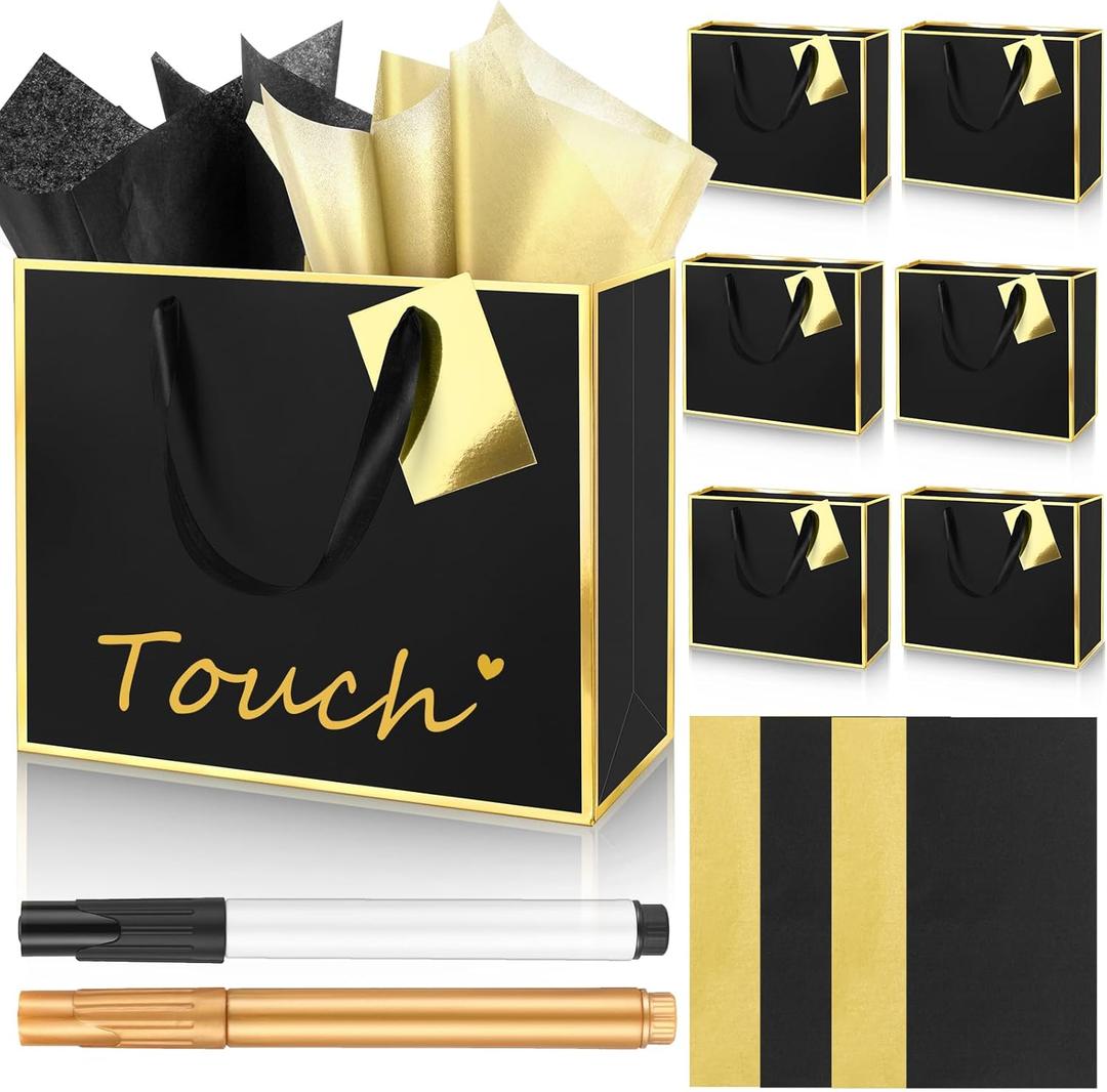 ReliThick 6 Pack Metallic Paper Gift Bag with Handles Tissue Paper Gold Tag Pen Thank You Favor Bag for Wedding Party Bridesmaid Bridesman 5 Senses Anniversary Birthday Favor (Black Gold)