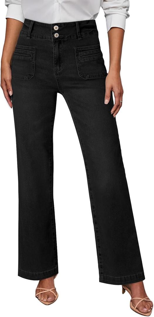 Sidefeel Women's Wide Leg Jeans High Waisted Tummy Control Stretchy Pockets Front Straight Leg Jeans (14, Deep Black)