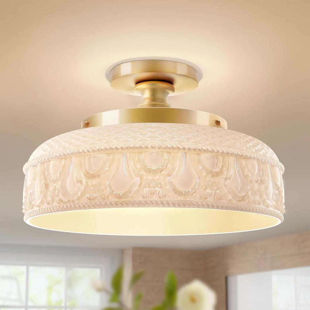 Lamomo Semi Flush Mount Ceiling Light,12 Inch White Glass Shade Gold Hallway Light Fixture,3 Light Globe Glass Close to Ceiling Scone,Indoor Hanging Light for Bedroom Kitchen Porch Hallway