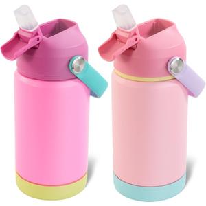 Kerilyn 12oz Kids Water Bottle 2 Pack, Stainless Steel Insulated Water Bottle Bulk, Toddler Cups with Straws Leak-Proof, Kids Water Bottles for School Boys Girls, BPA Free, Rose Red+Charm Pink