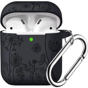 Lerobo for AirPod Case 2nd 1st Generation Case Cover, Flower Engraved Full Protective Case Compatible with Apple AirPod Charging Case with Keychain Soft Silicone Pattern Front LED Visible, Black