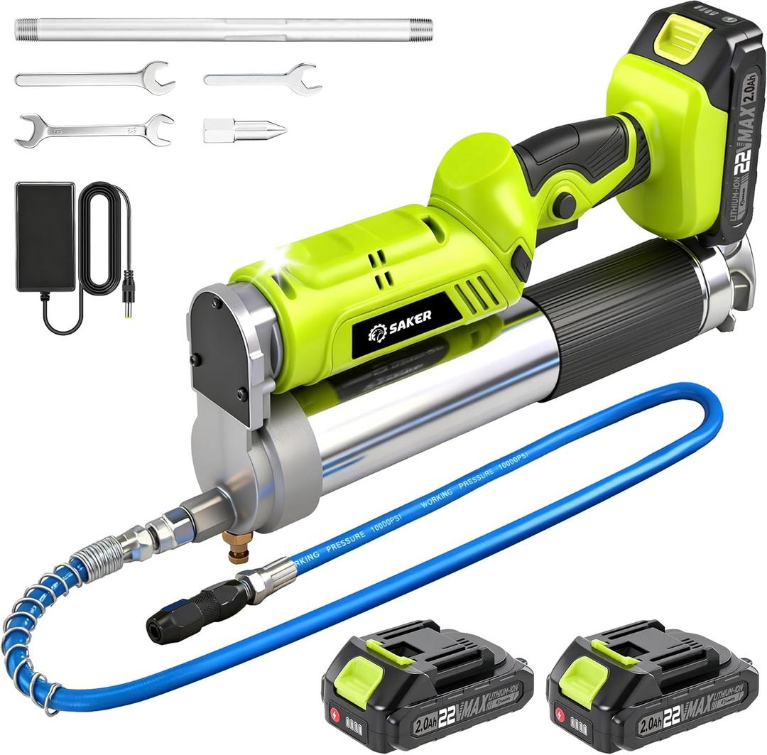 Saker 12,000 PSI Electric Grease Gun, Cordless Grease Gun Kit with 2 * 2.0Ah Batteries, 5.5 oz/min High Flow & LED Light for Truck, Automotive, RV, Farm DIY