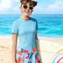 Girls Rash Guard Swimsuits Short Sleeve Swimwear Skirt with Built-in Shorts Girls Bathing Suits Size 6-14
