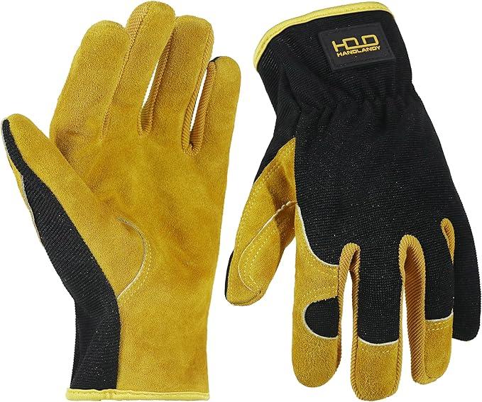 HANDLANDY Men Leather Gardening Gloves, Utility Work Gloves for Mechanics, Construction, Driver, Dexterity Breathable Design, Medium, Yellow/Black