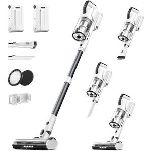 Klarpul Cordless Vacuum Cleaner, 2 Batteries 140 Mins Runtime 600W 50Kpa Stick Vacuum Cordless, Self-Standing Vacuum Cleaners for Home with 2.5H Fast Charging, for Floor/Carpet/Pet Hair, White
