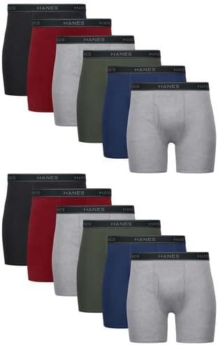 Hanes Men's Boxer Brief Underwear, Cotton Boxer Briefs, Moisture-Wicking, Assorted Solids, 12-Pack, Small, Black/Red/Green/Blue/Gray Heather - 12 Pack