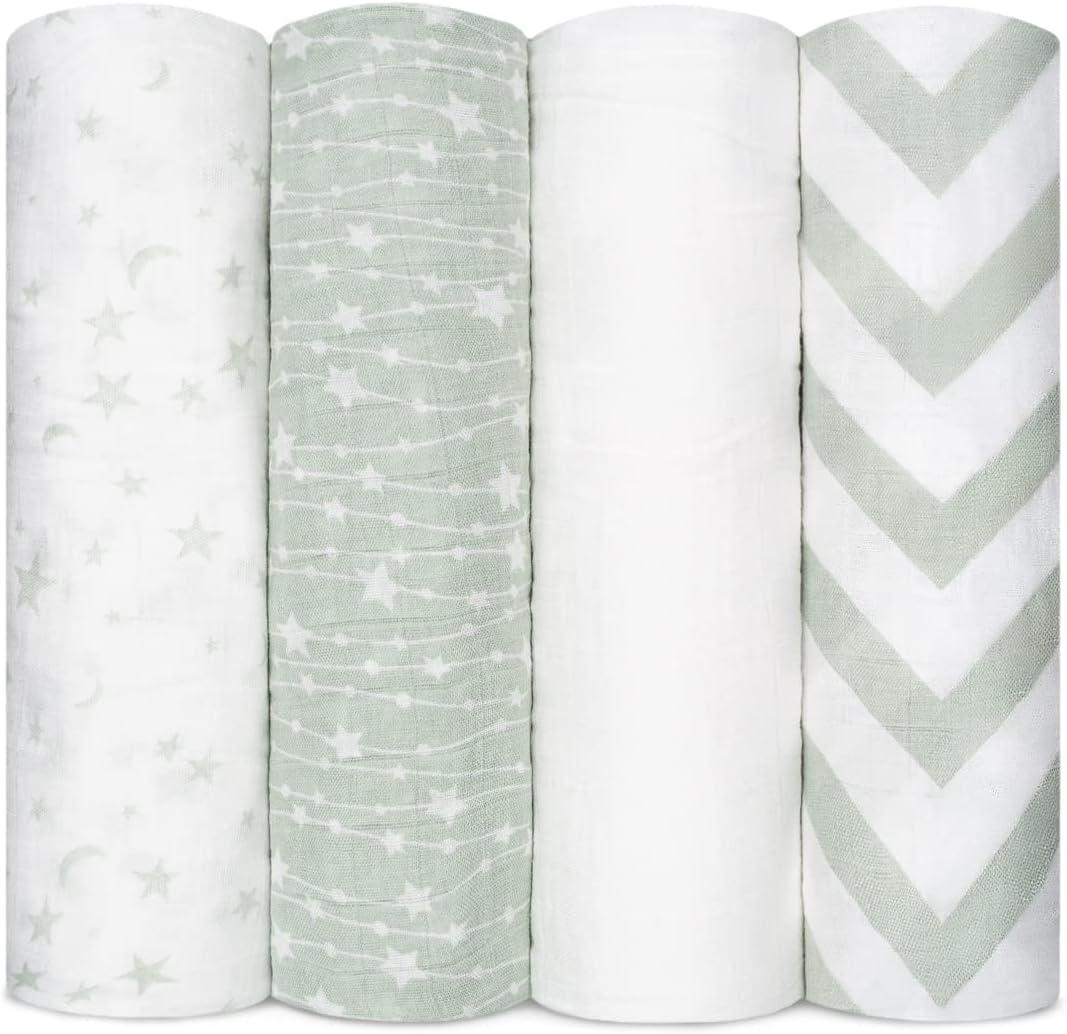 Comfy Cubs Muslin Swaddle Blankets Pack of 4, 47 x 47 Inches, Soft Cotton Baby Blanket Set, Large Multipurpose Swaddling Wraps for Newborns - Self-Soothing Swaddle - Green