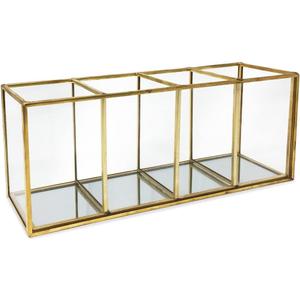 Isaac Jacobs 4-Compartment Organizer- Makeup Brush Holder- Vintage Style Brass and Glass Storage Solution with Mirror Base- Office, Bathroom, Kitchen Supplies and More (Antique Gold)