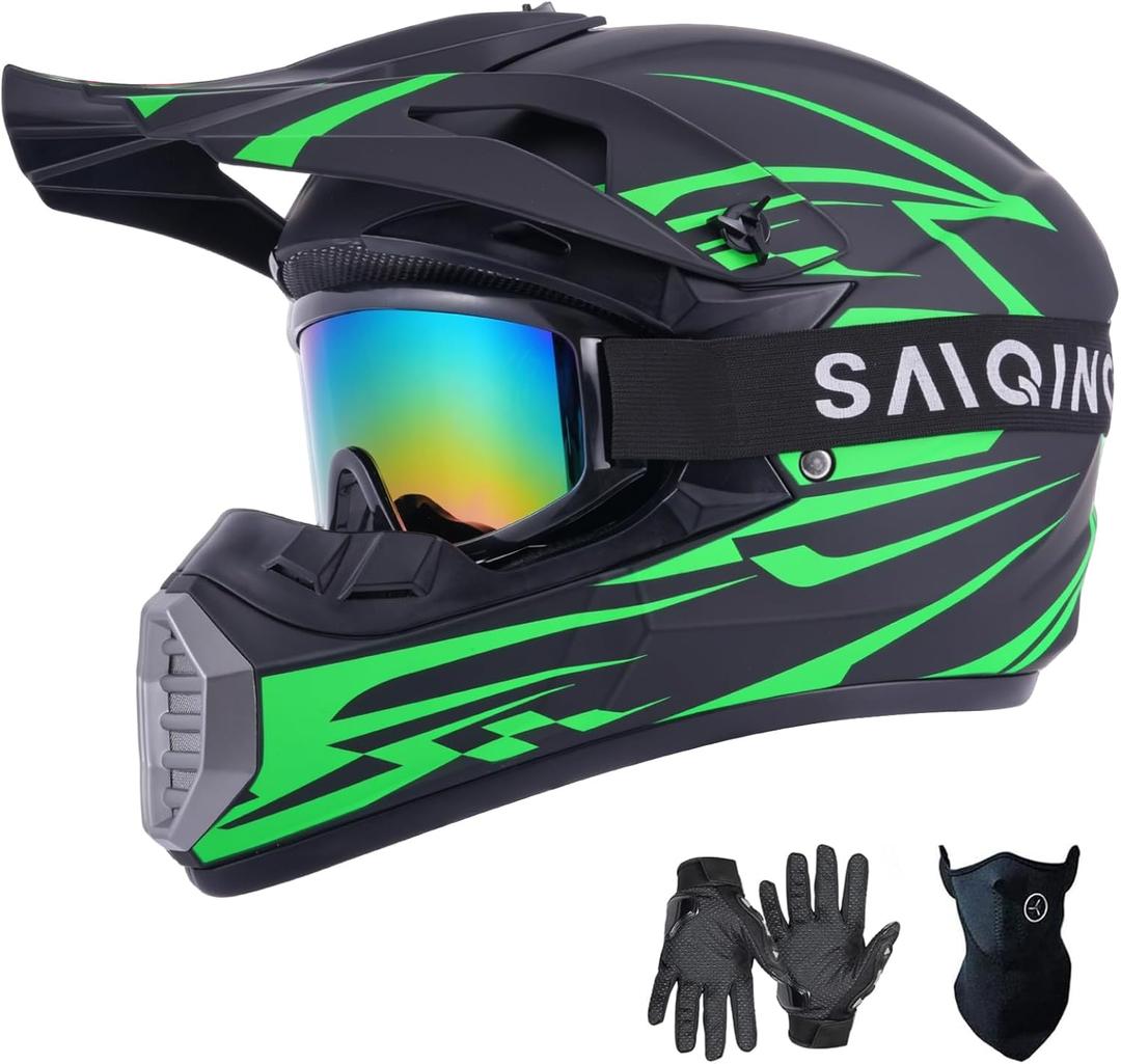 SanQing Youth Kids Motocross Helmet, Full Face Motorcycle Helmet for Dirt Bike ATV Four Wheeler MX Offroad Street Helmet with Gloves,Goggles,Face Shield DOT Approved (Medium, Green)