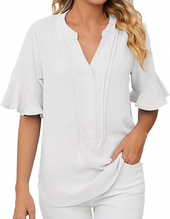 Womens Business Casual Tops Summer V Neck 3/4 Ruffle Sleeve T Shirts Dressy Casual Tunic Blouse, M, White