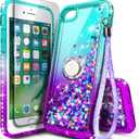 NGB Designed for iPhone SE (3rd 2022 & 2nd Gen 2020)/iPhone 8/7/6/6S Case, Aqua/Purple | Glitter Liquid Cute Cover for Women Girls Kids | with Tempered Glass Screen Protector & Ring Holder-Wrist Strap