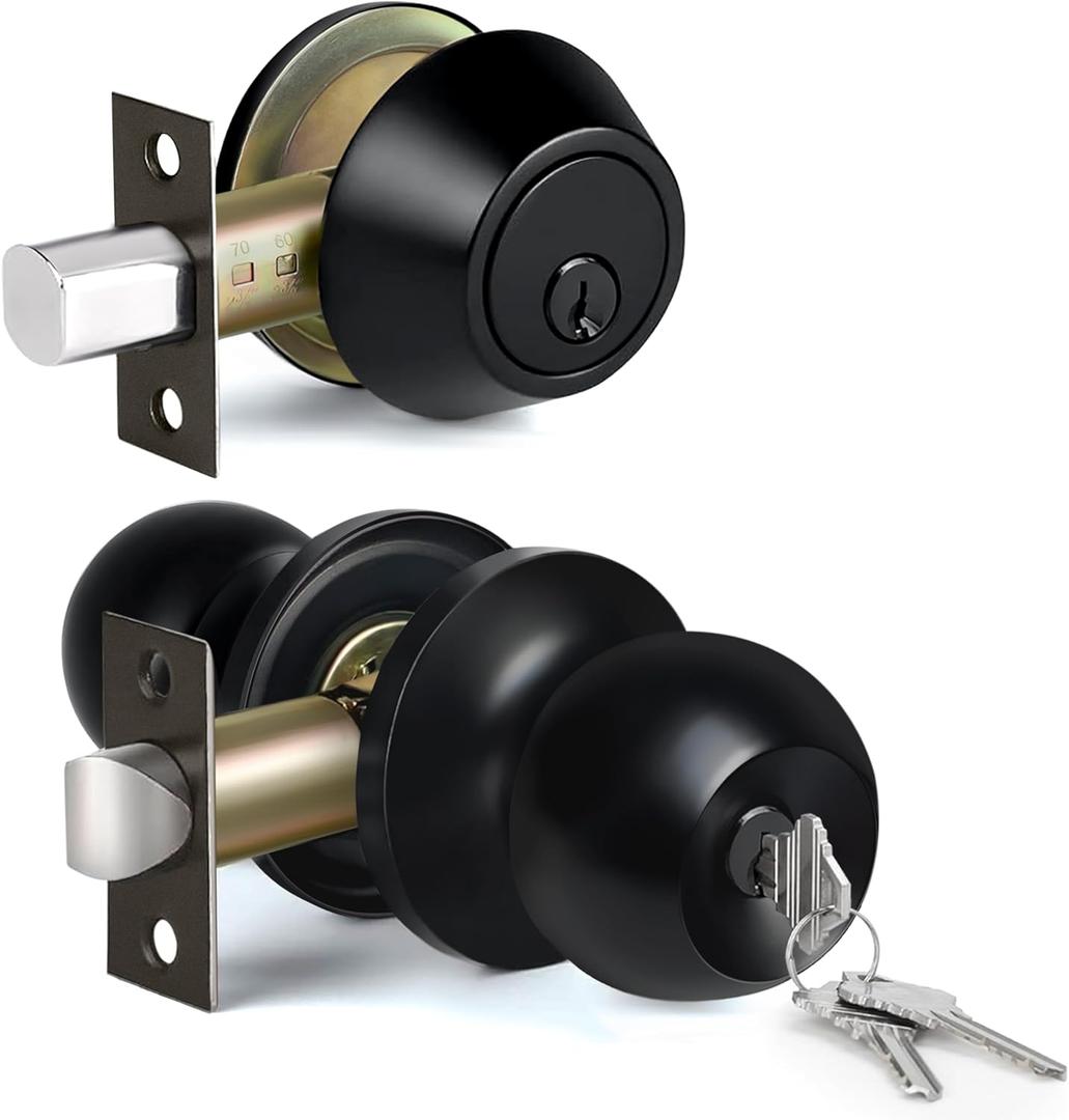 BESTTEN Keyed Alike Exterior Door Knob with Key Lock and Deadbolt, All Keyed Same, Matte Black Entry Door Knobs with Lock and Keys for Entrance and Front Door