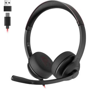 USB Headset with Microphone for PC/Laptop, Wired Headphones with Noise Cancelling Mic, USB C & USB A, All-day Comfort, Lightweight Computer Headset for Home Office, Call Center, School, Remote Work