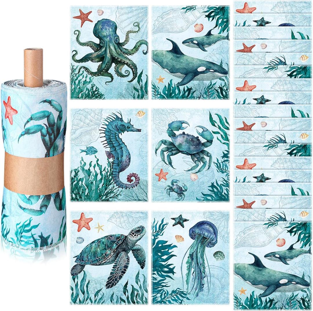 36 Pack Sea Animals Reusable Cleaning Cloths Washable Cotton Kitchen Towels for Home (Blue)