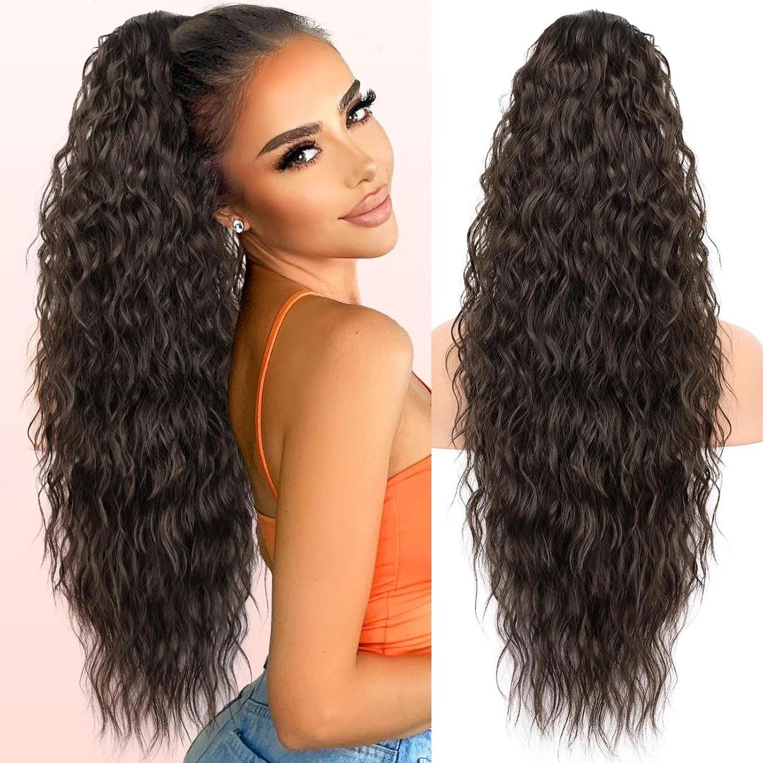 KooKaStyle Ponytail Extension 30 Inch Drawstring Pony Tails Hair Extensions for Women Long Curly Ponytail Synthetic Hairpieces for Daily UseClassic Brown