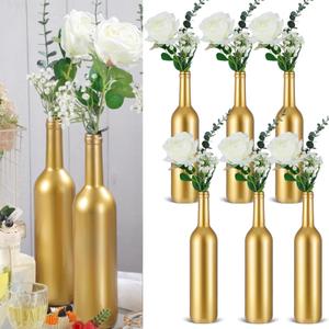 30 Pcs 6 Set Gold Vase Flower Centerpieces for Wedding Table Glass WineBottle Flower Vase Candle Holder with Artificial Rose Eucalyptus Baby's Breath for Wedding Reception Table Decor(White)