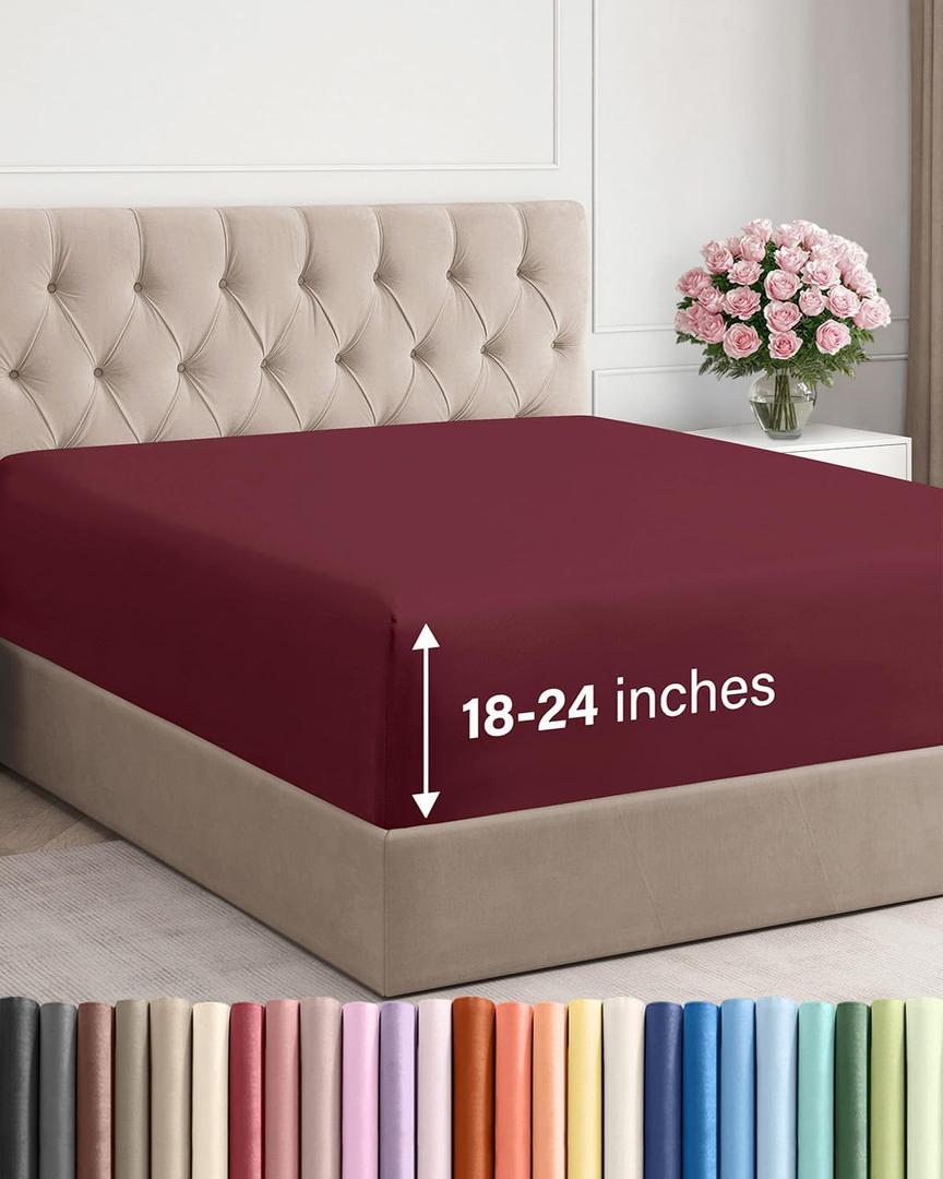 Extra Deep Cal King Fitted Sheet - Hotel Luxury Single Fitted Sheet Only - Easily Fits 18 inch to 24 inch Mattress - Ultra Soft, Wrinkle Free with Extra Deep Pockets - Breathable & Comfy - Burgundy